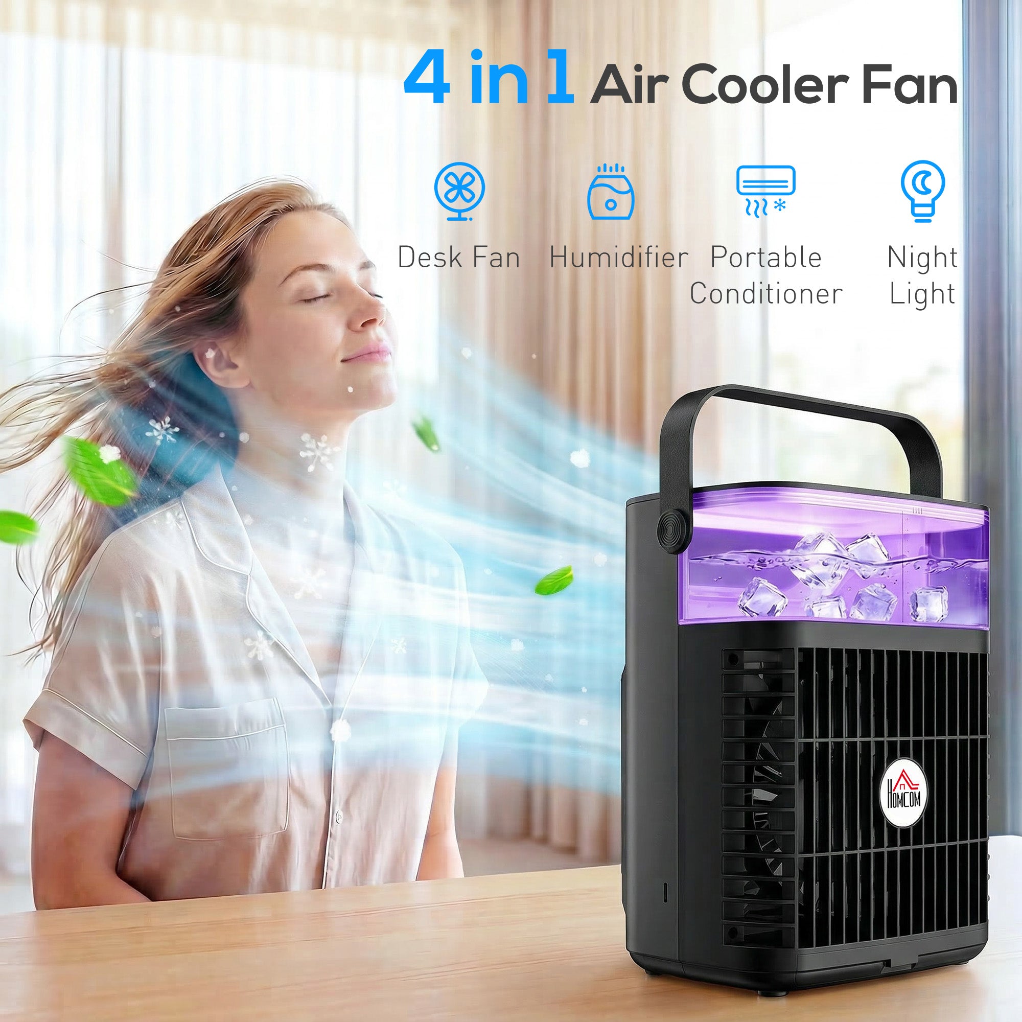 HOMCOM Air Cooler with Adjustable Head, Portable Air Conditioner with 3 Wind Speed, 2 Cool Mist, RGB Light, Black 