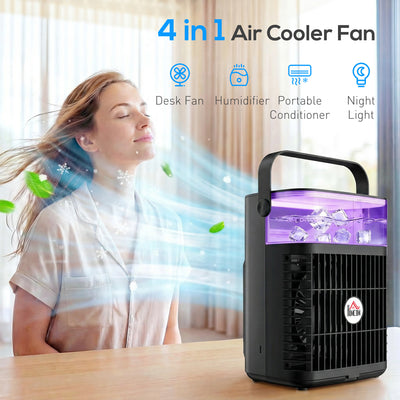HOMCOM Air Cooler with Adjustable Head, Portable Air Conditioner with 3 Wind Speed, 2 Cool Mist, RGB Light, Black 