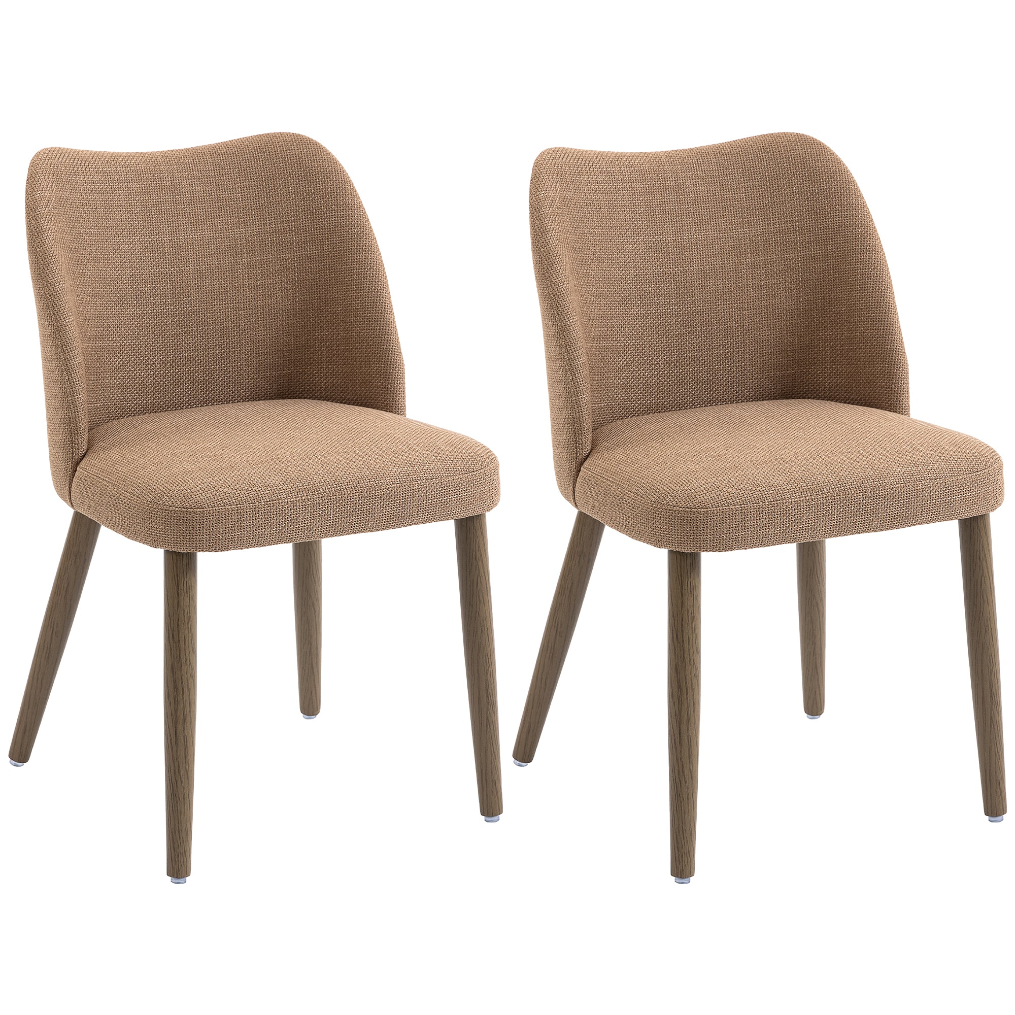 HOMCOM Dining Chairs Set of 2, Linen Upholstered Kitchen Chairs with Padded Seat, Curved Backrest, Rubberwood Legs, Brown 