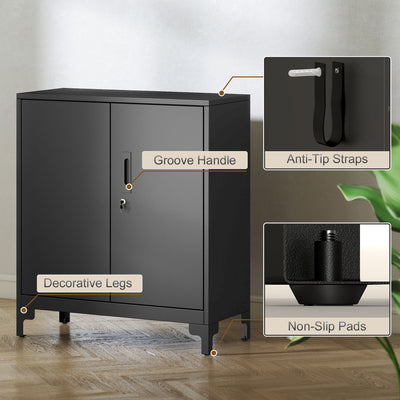 HOMCOM Lockable Metal Filing Cabinet, 2-Tier Storage Cupboard with Double Doors, Modern Office Organiser, Black 