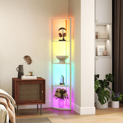 HOMCOM RGB LED Floor Lamp with Shelves, 5-Tier Dimmable Standing Lamp with Adjustable Brightness and Remote Control, Modern Corner Display Shelf Unit for Living Room Bedroom Office, Oak 