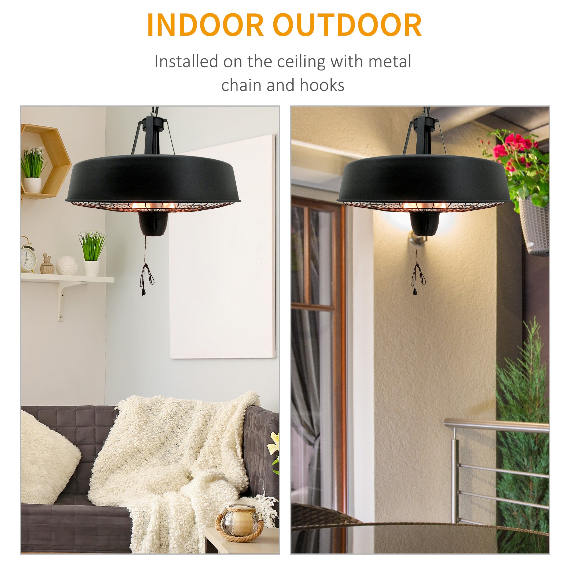 Outsunny Adjustable Power 1000/2500W Infrared Halogen Electric Patio Light Heater, Ceiling Hanging Mount -Black 