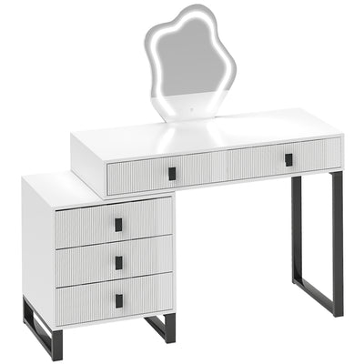 HOMCOM LED Lighted Dressing Table with Leaf Shape Mirror, Modern Vanity Desk with 5 Drawers, Makeup Desk with Fluted Panels, White 