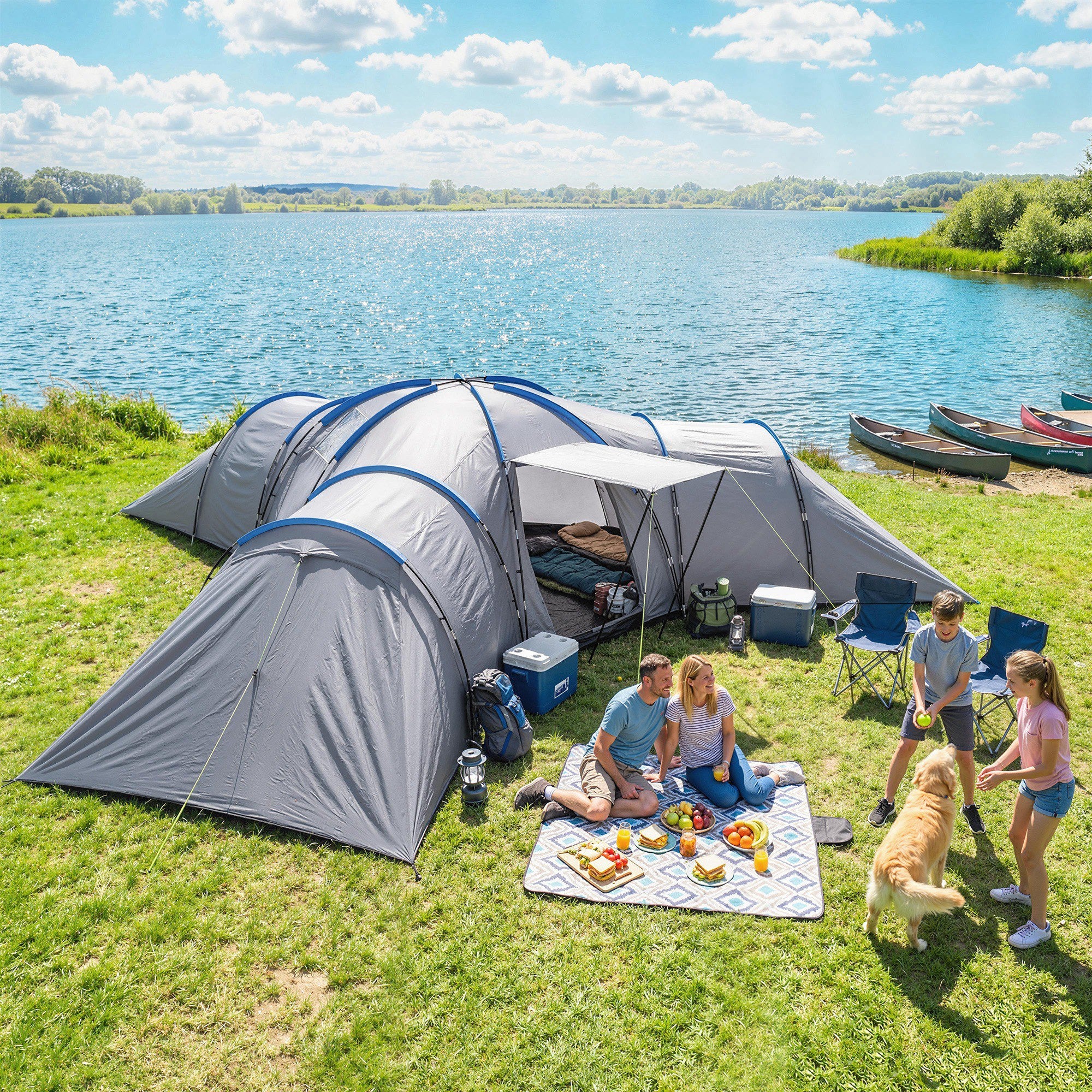 Outsunny 6-9 Man Large Tunnel Tent with 3 Bedrooms, Living Area and Porch, Stand-up Camping Tent, Portable with Bag, Light Grey 
