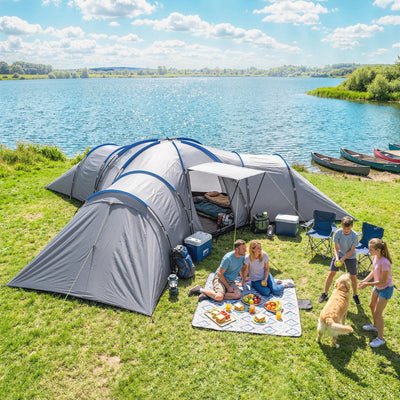 Outsunny 6-9 Man Large Tunnel Tent with 3 Bedrooms, Living Area and Porch, Stand-up Camping Tent, Portable with Bag, Light Grey 