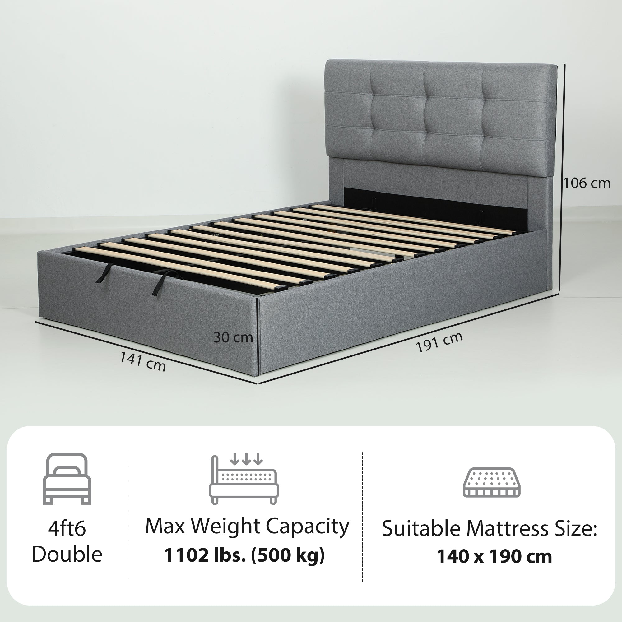 HOMCOM 4ft6 Double Ottoman Bed with Gas Lift Storage - Grey 