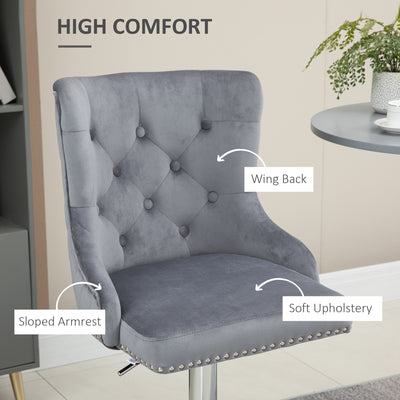 HOMCOM Modern Adjustable Bar Stools Set of 2, Swivel Velvet Barstools with Button Tufted Back, Footrest, Nailhead Trim for Home Bar, Grey 