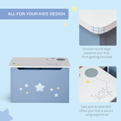 HOMCOM Kids Wooden Toy Box Children Storage Chest Organiser Side Handle Safety Hinge Play Room Furniture Blue 