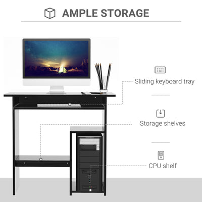 HOMCOM Compact Small Computer Table Wooden Desk Keyboard Tray Storage Shelf Modern Corner Table Home Office Black 