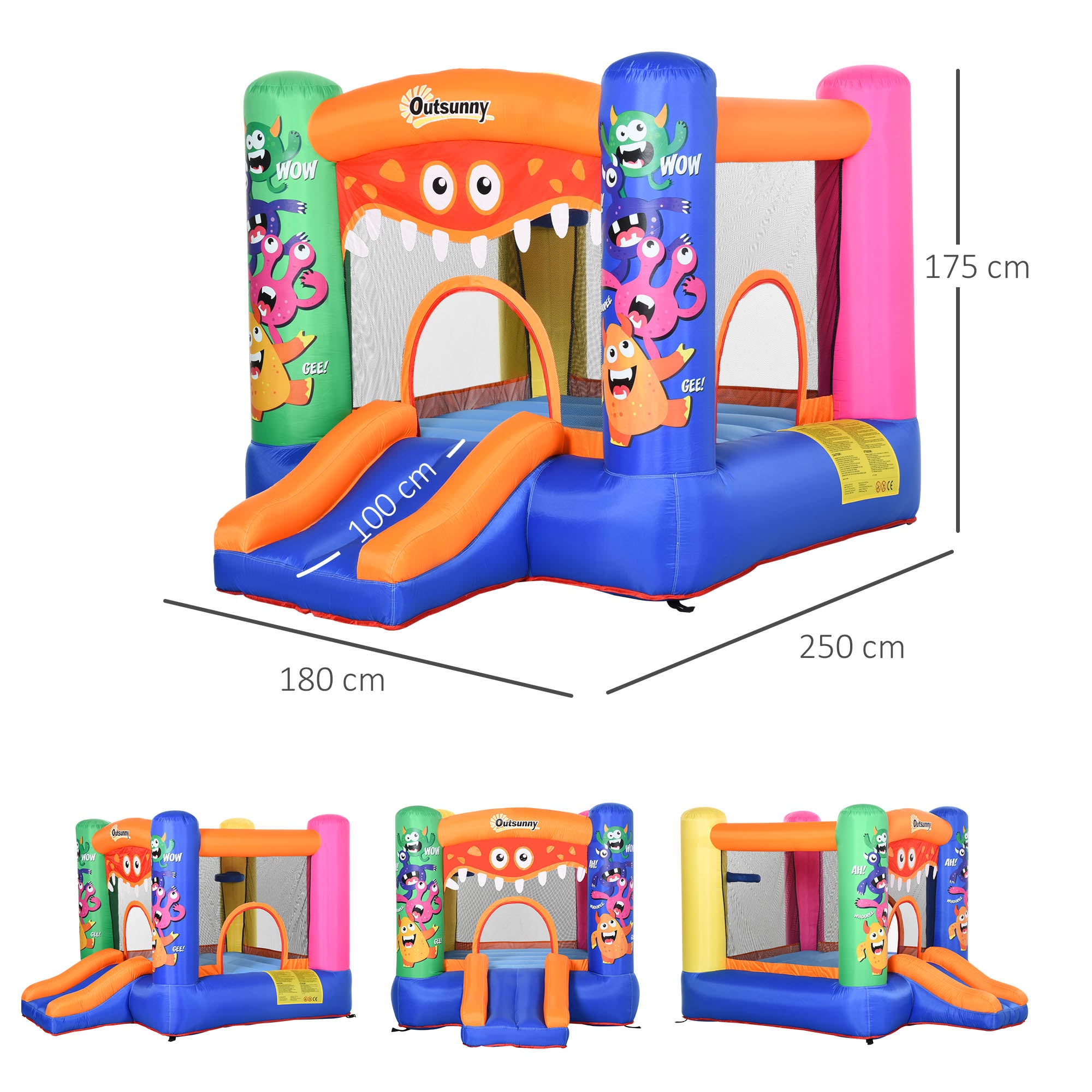 Outsunny Bouncy Castle Inflatable Basket Trampoline Slide Monster Design 180 x 250 x 175 (CM) 