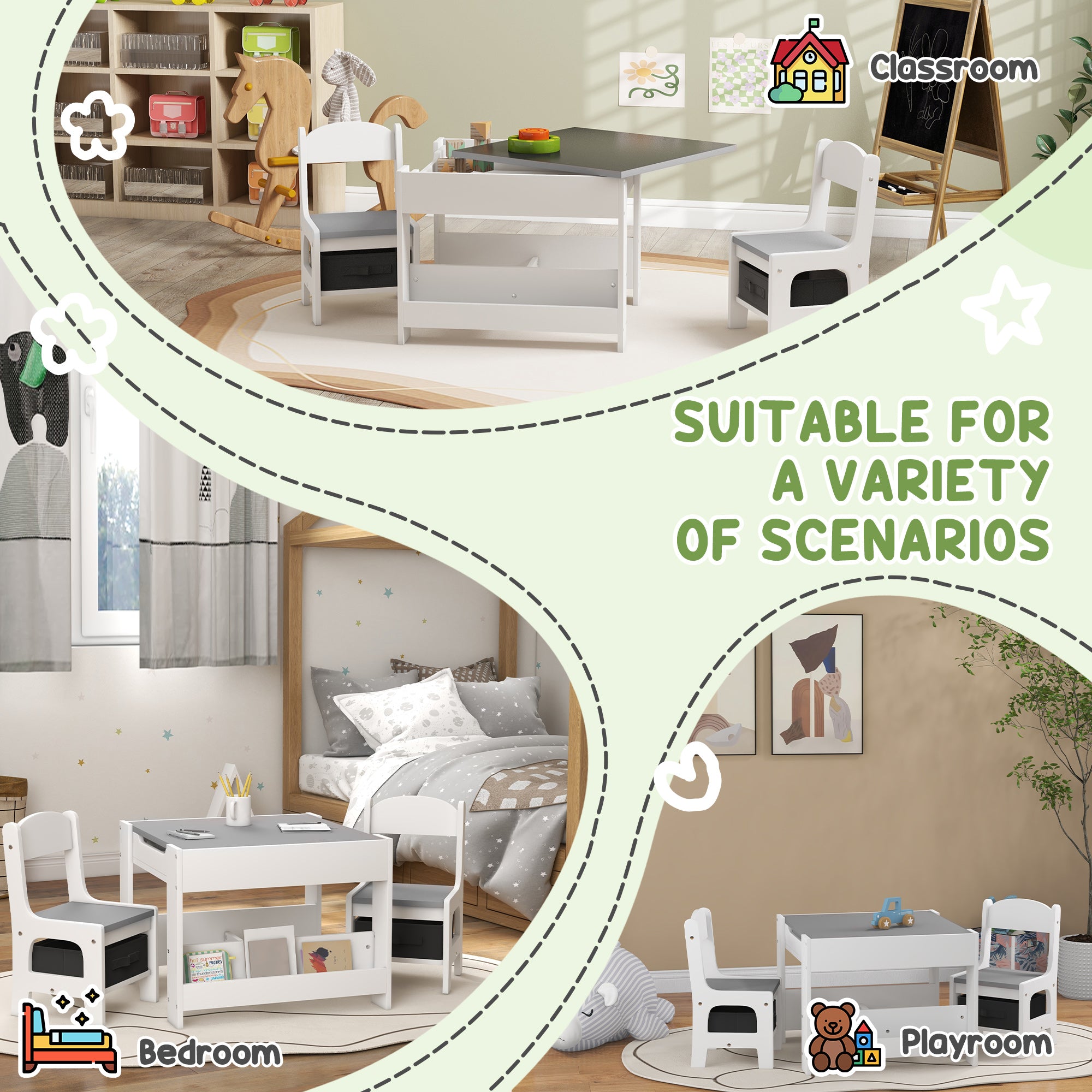 HOMCOM Three-Piece Kids Table and Chair Set with Blackboard, Storage, Bookshelves - Grey 