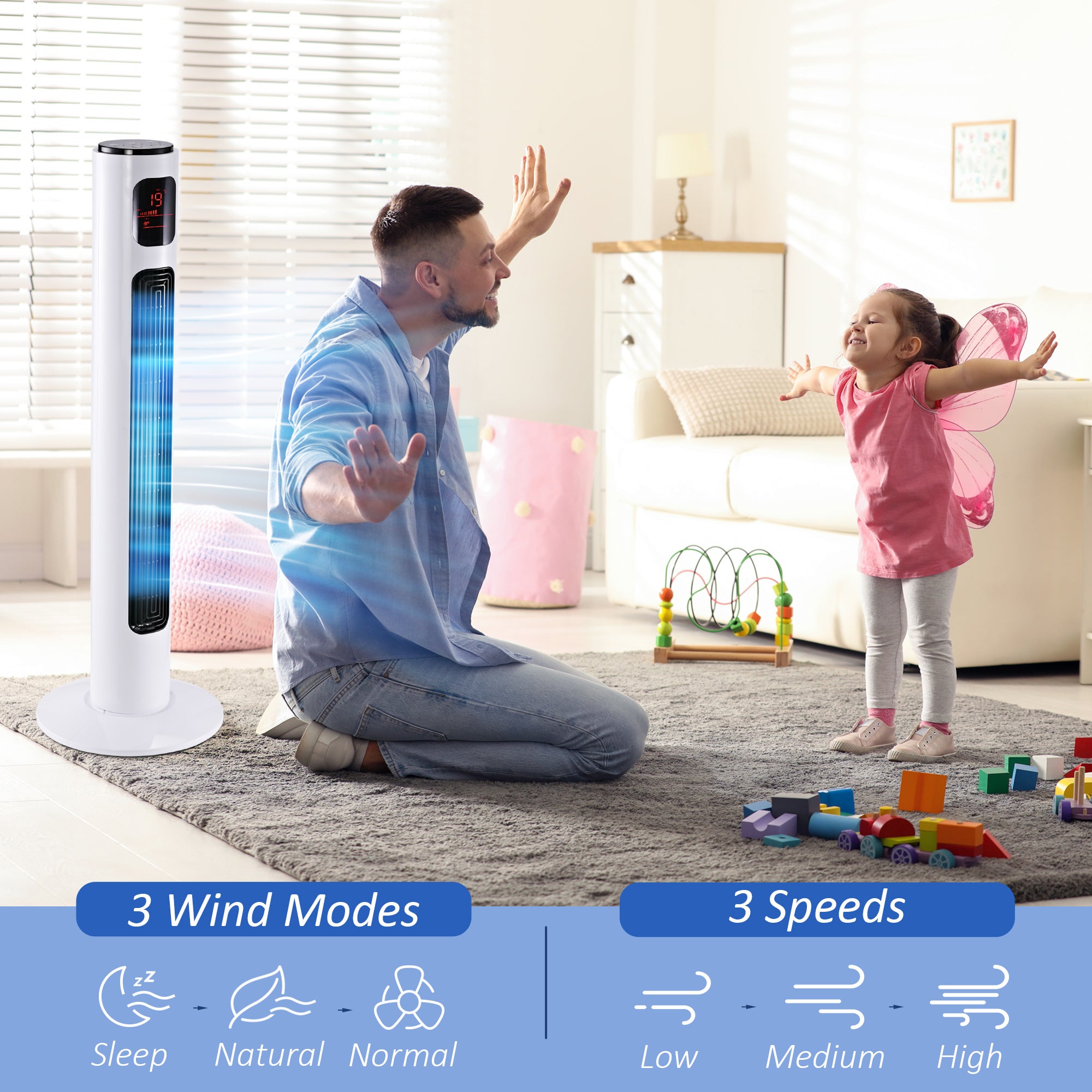 HOMCOM 38'' Freestanding Tower Fan, 3 Speed 3 Mode, 12h Timer, 70 Degree Oscillation, LED Panel, 5M Remote Controller, White 