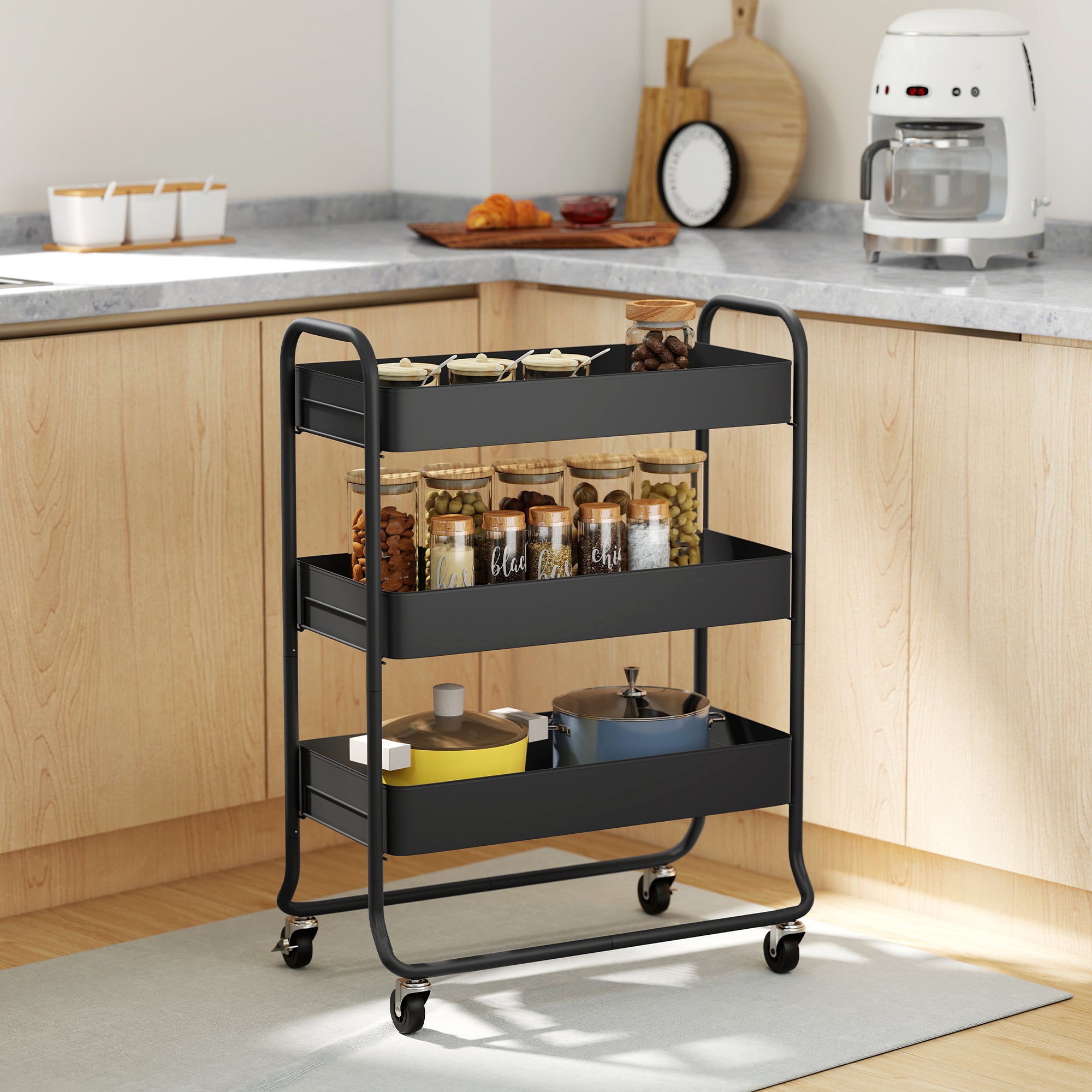 HOMCOM 3-Tier Storage Trolley on Wheels, Rolling Utility Cart with Mesh Backets for Kitchen, Bathroom, Bedroom, Black 