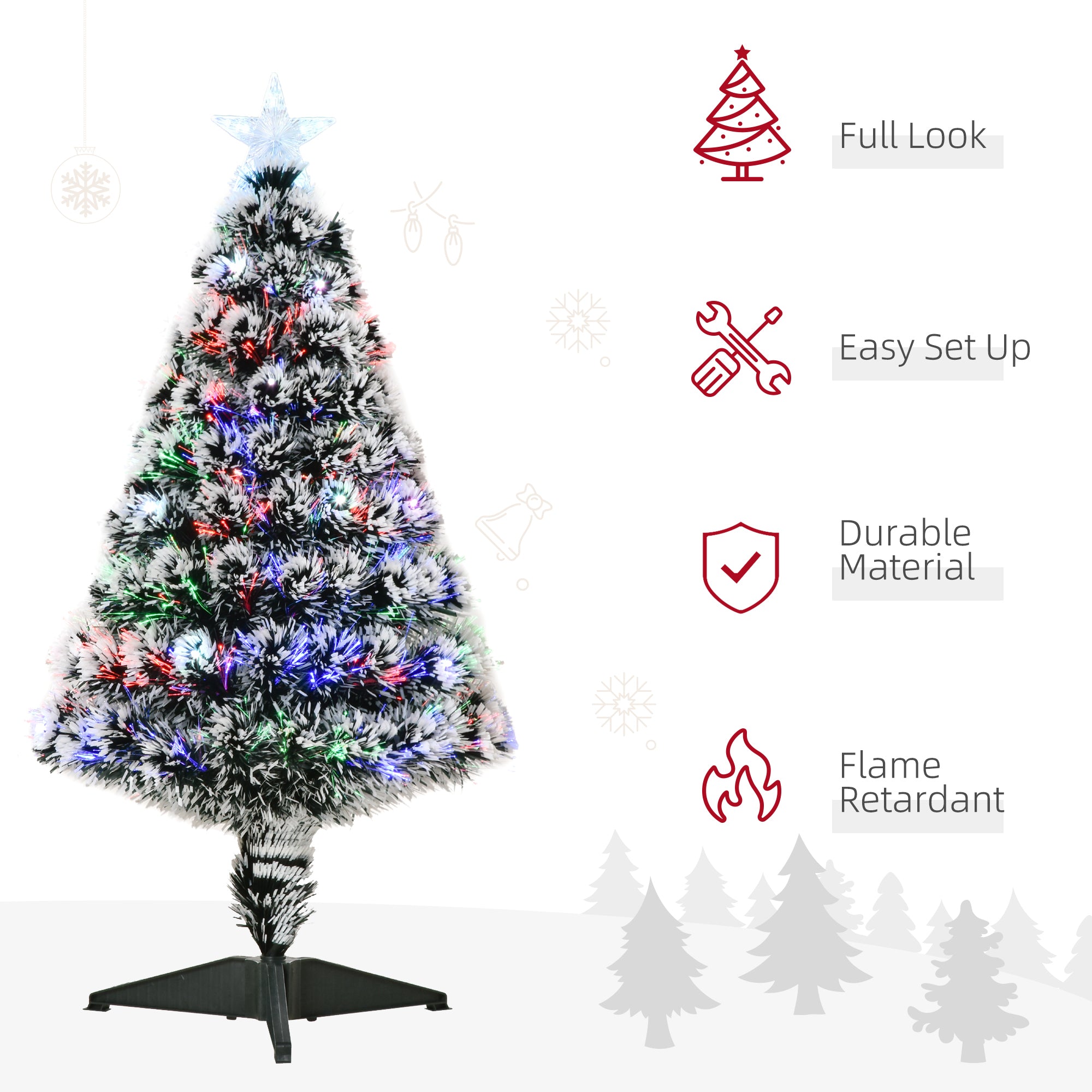 HOMCOM 3ft Artificial Prelit Christmas Tree, Snow Xmas Tree with Colourful LED Lighting Fiber Optics, Green White 