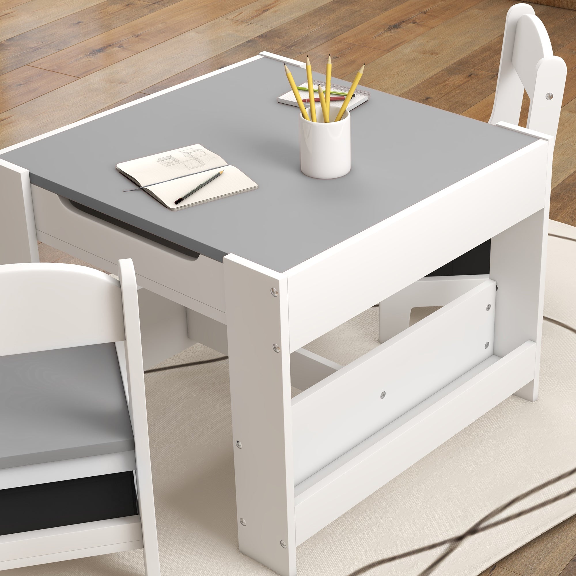 HOMCOM Three-Piece Kids Table and Chair Set with Blackboard, Storage, Bookshelves - Grey 