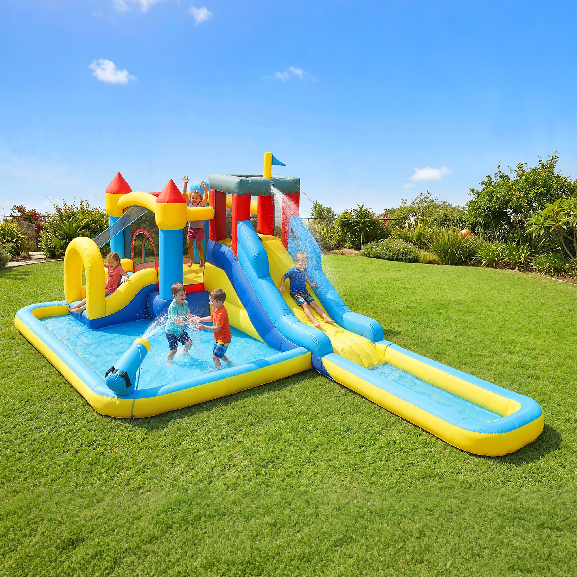 AIYAPLAY Inflatable Bouncy Castle, Kids Water Bounce House 6 in 1 with 550W Blower, 2 Slides for Garden, Party, Outdoor Indoor 