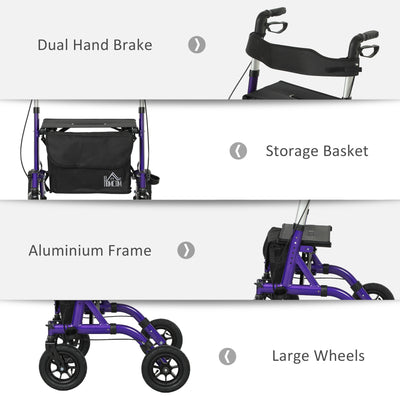 HOMCOM Folding Rollator Walker with Seat, Backrest, Lightweight Walking Frame with Storage Bag, Dual Brakes, All-terrain Wheels, Adjustable Handle Height, 4 Wheeled Walker for Seniors, Purple 