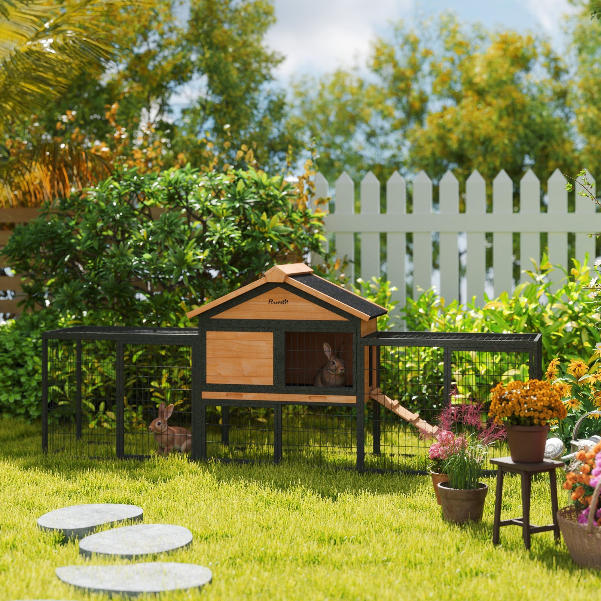 PawHut Wooden Rabbit Hutch Outdoor with Steel Run, Wooden Guinea Pig Cage with Removable Plastic Tray, Asphalt Roof, Ramp 