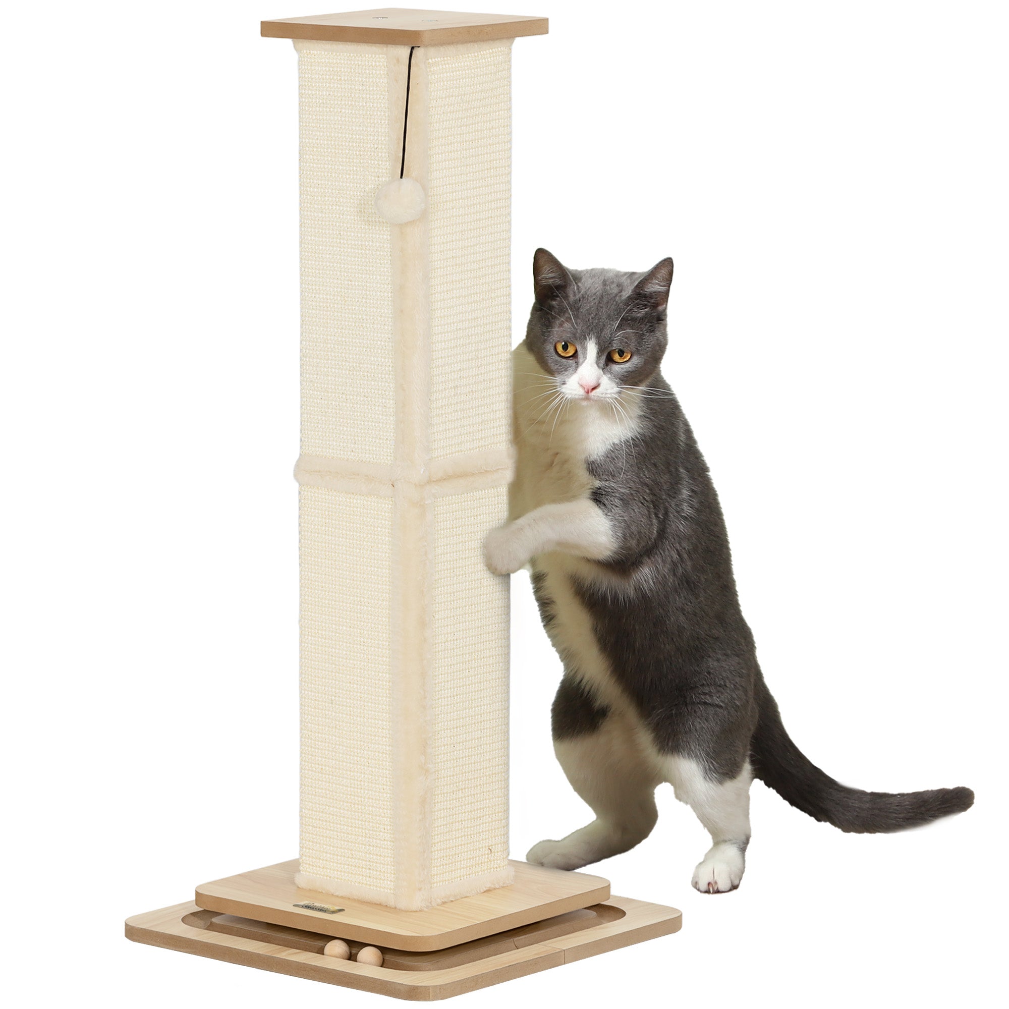 PawHut 3-in-1 Cat Scratching Post, 87cm Cat Scratcher w/ Track Ball Toy, Oak Tone 