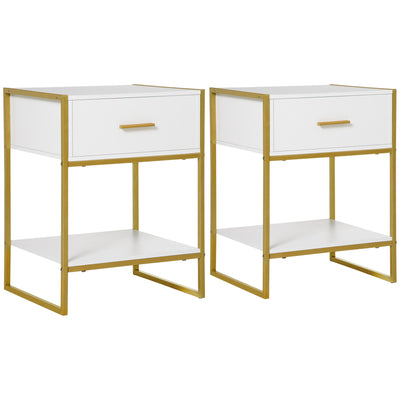 HOMCOM Bedside Table Set of 2, Modern Side Tables with Drawer and Shelf, Nightstands for Bedroom, White 