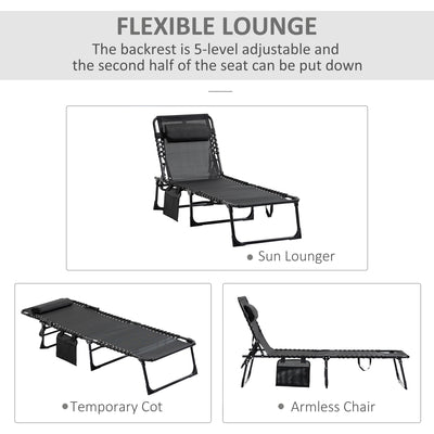 Outsunny Portable Sun Lounger, Folding Camping Bed Cot, Reclining Lounge Chair 5-position Adjustable Backrest with Side Pocket, Pillow for Patio Garden Beach Pool, Black 