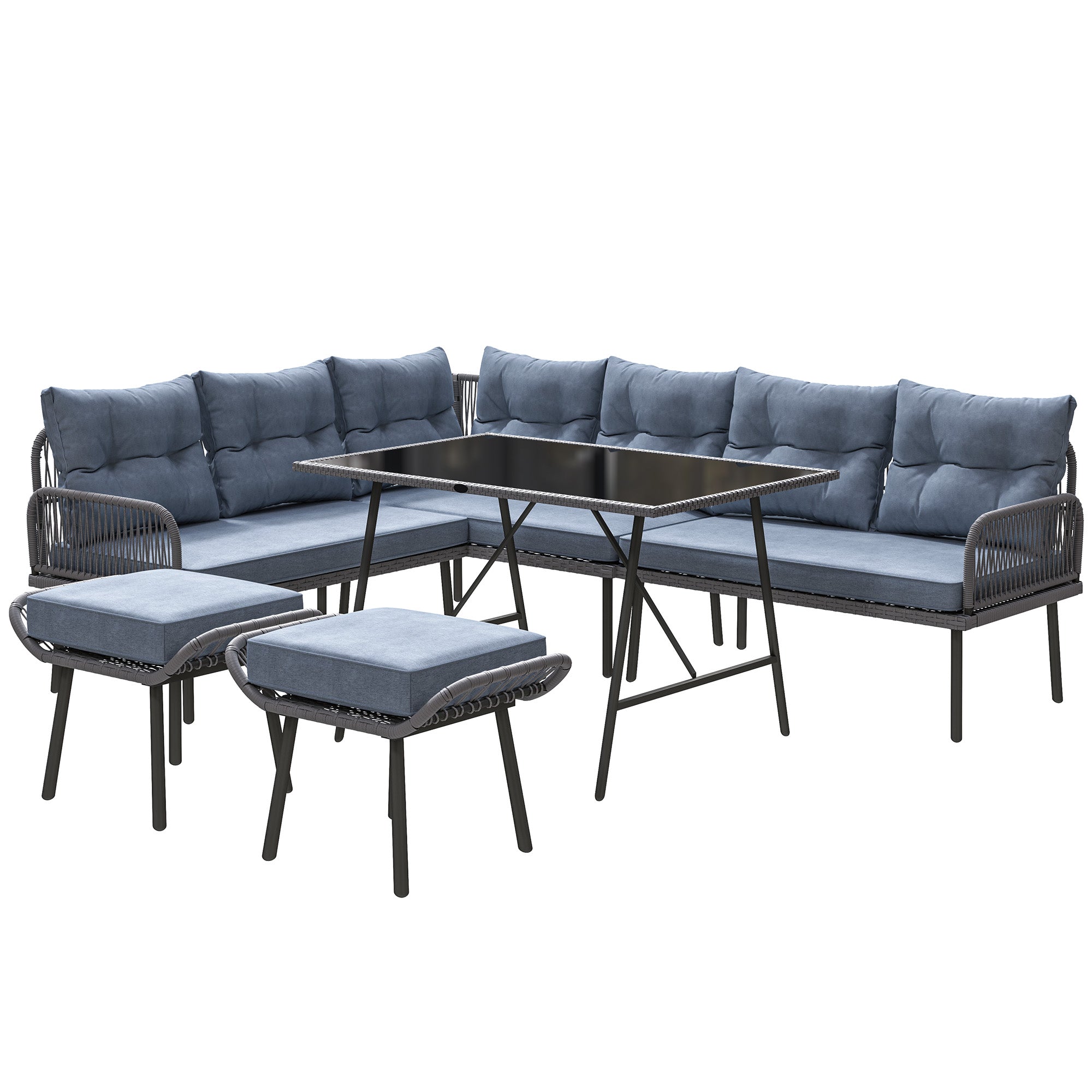 Outsunny 6 Piece Rattan Garden Furniture Set, 8 Seater Garden Corner Sofa with Cushions and Glass Top Table, Sectional Outdoor Furniture Conservatory Set for Patio, Charcoal Grey 
