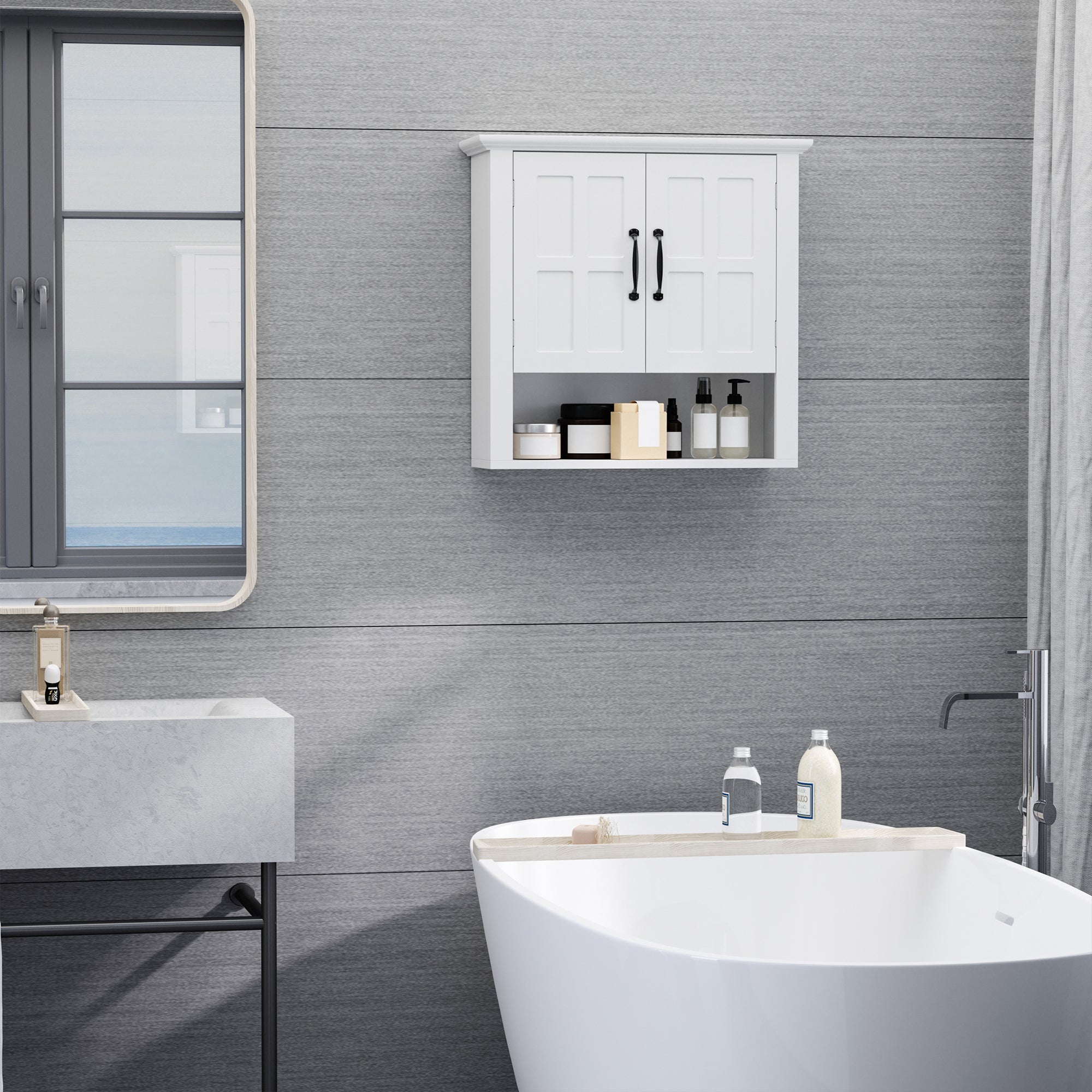 HOMCOM Bathroom Wall Cabinet, Medicine Cabinet, Kitchen Cupboard with 2 Doors and Adjustable Shelf, White 