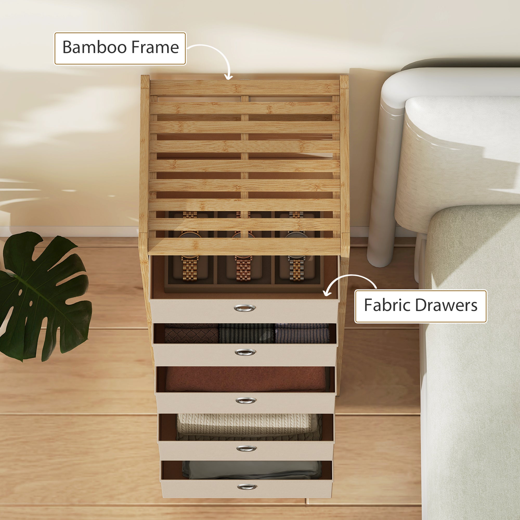 HOMCOM Chest of Drawers, 5 Fabric Drawers Narrow Dresser with Bamboo Frame, Cream White 