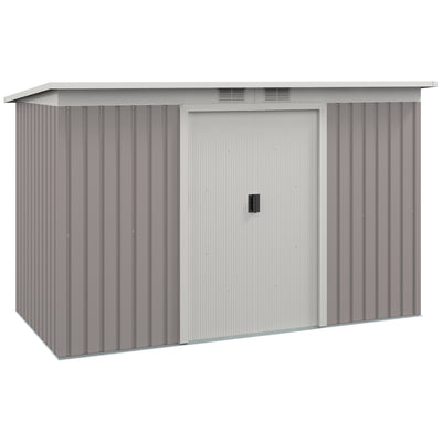 Outsunny Corrugated Garden Metal Storage Shed Outdoor Equipment Tool Box with Kit Ventilation Doors 9x 4FT Light Grey 