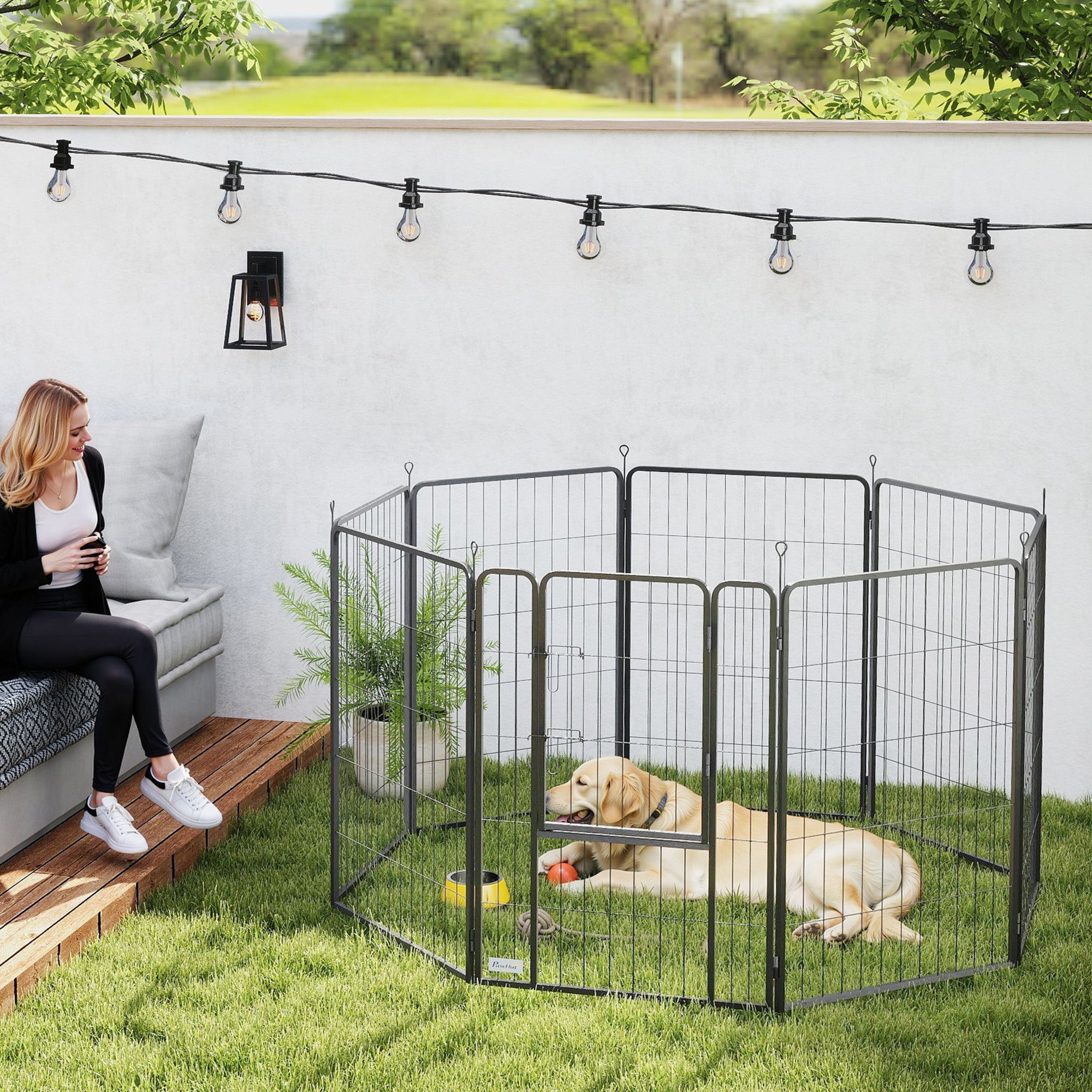 PawHut 8 Panels Heavy Duty Dog Playpen with Door Indoor Outdoor, for Large Dogs, 100cm High 