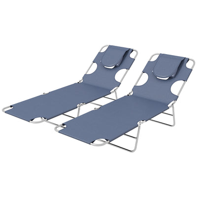 Outsunny Foldable Sun Lounger Set of 2 with Reading Hole, Portable Sun Lounger with 5 Level Adjustable Backrest, Reclining Lounge Chair with Side Pocket, Headrest Pillow, Grey 