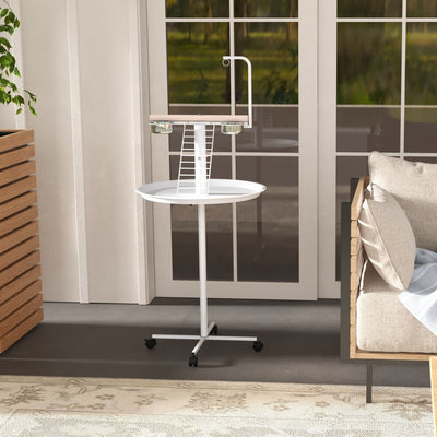 PawHut Bird Stand with Four Wheels, Perches, Stainless Steel Feed Bowls, Round Tray, for Garden, Indoor, Outdoor - White 