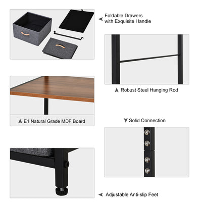 HOMCOM Chest of Drawers with Coat rack Steel Frame 5 Drawers  Bedroom Hallway Home Furniture Black Brown 