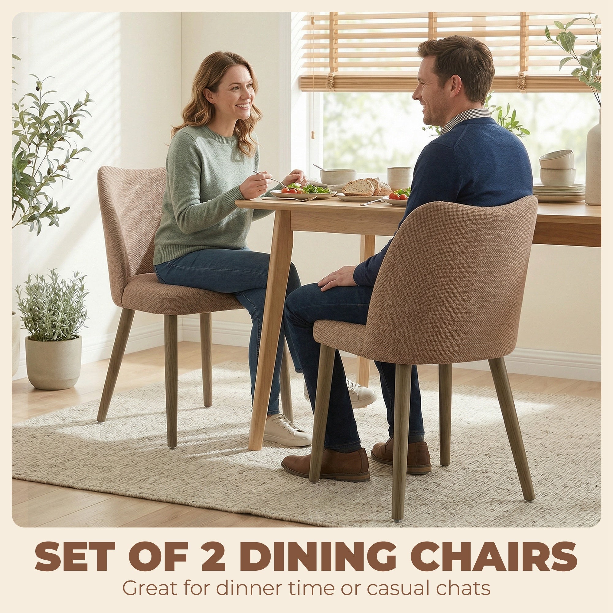 HOMCOM Dining Chairs Set of 2, Linen Upholstered Kitchen Chairs with Padded Seat, Curved Backrest, Rubberwood Legs, Brown 