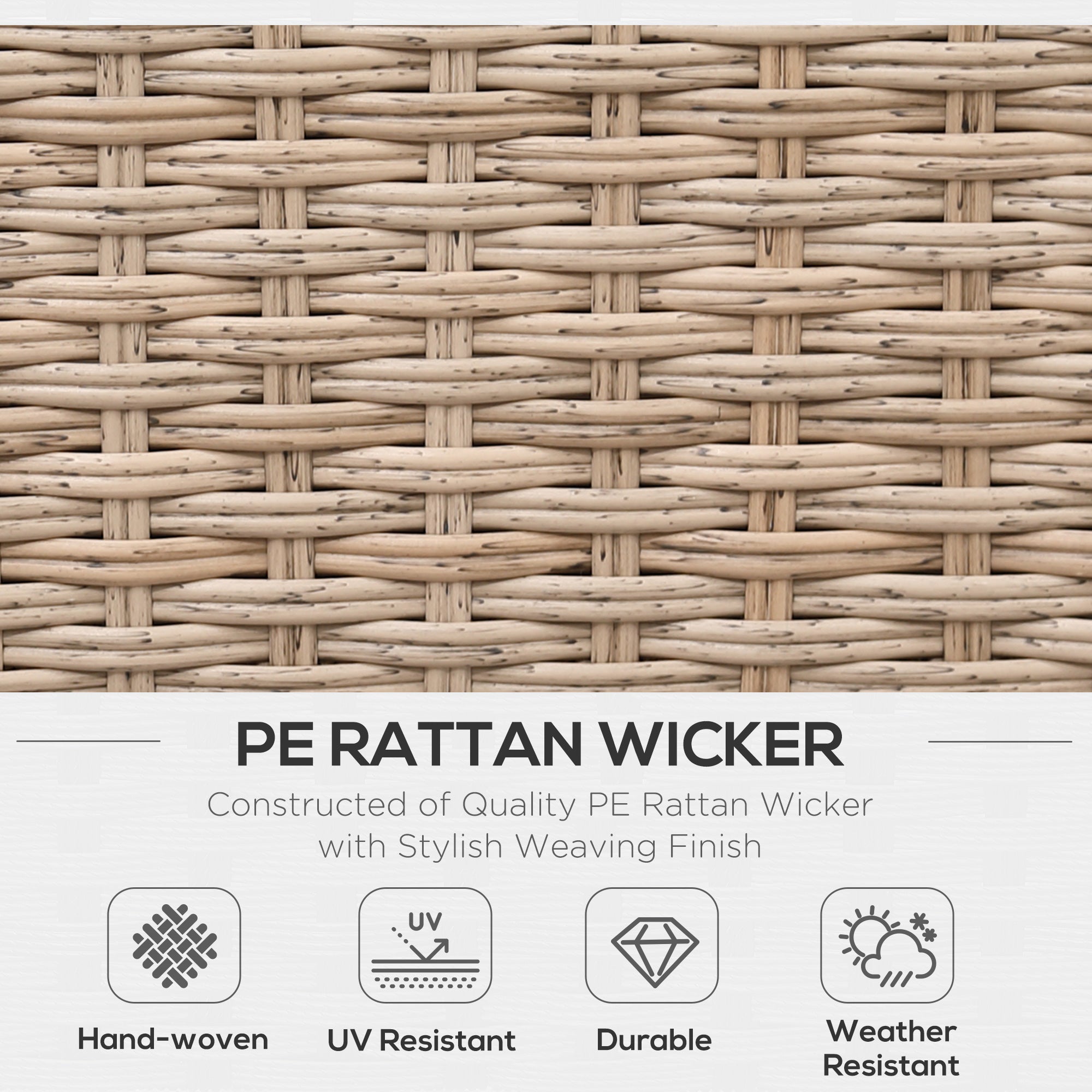 Outsunny 4 Pieces Rattan Garden Furniture Set, Garden Corner Sofa with Side Trays, Wicker Conservatory Furniture Set with Loveseats, Slatted Plastic Top Coffee Table and Cushions, Beige 