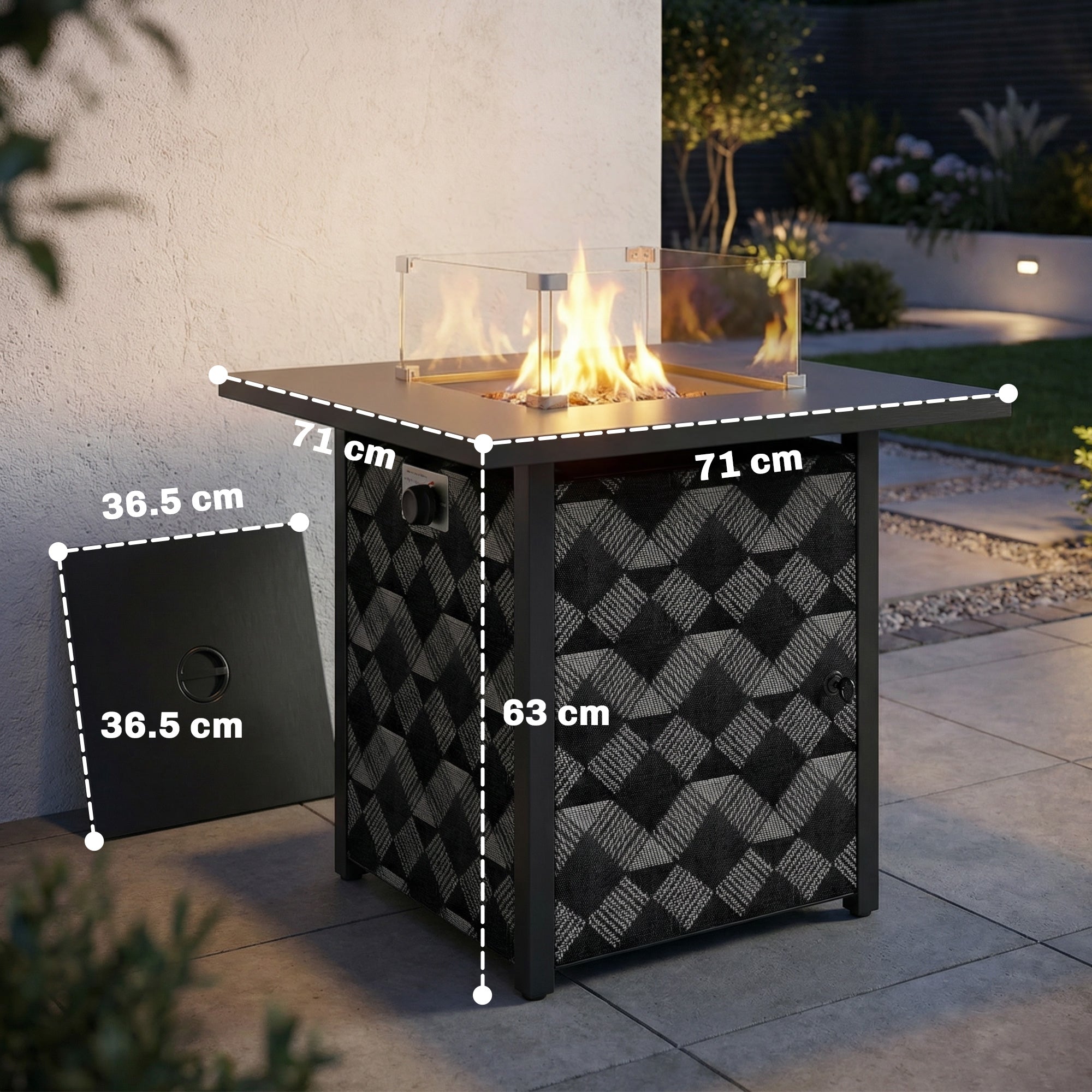 Outsunny Square Propane Gas Fire Pit Table,12 KW Firepit Outdoor Patio Heater with Glass Wind Guard, Lava Rocks, Gas Tank Holder 