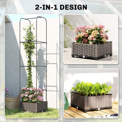 Outsunny Raised Garden Bed with Trellis, Plastic Planter Box with Drainage Holes, Drain Plugs and Water Reservoirs 
