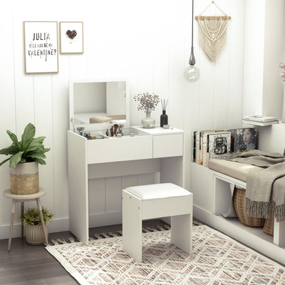 HOMCOM Makeup Desk with Drawer, Vanity Table Set with Flip-up Mirror and Cushioned Stool, White 
