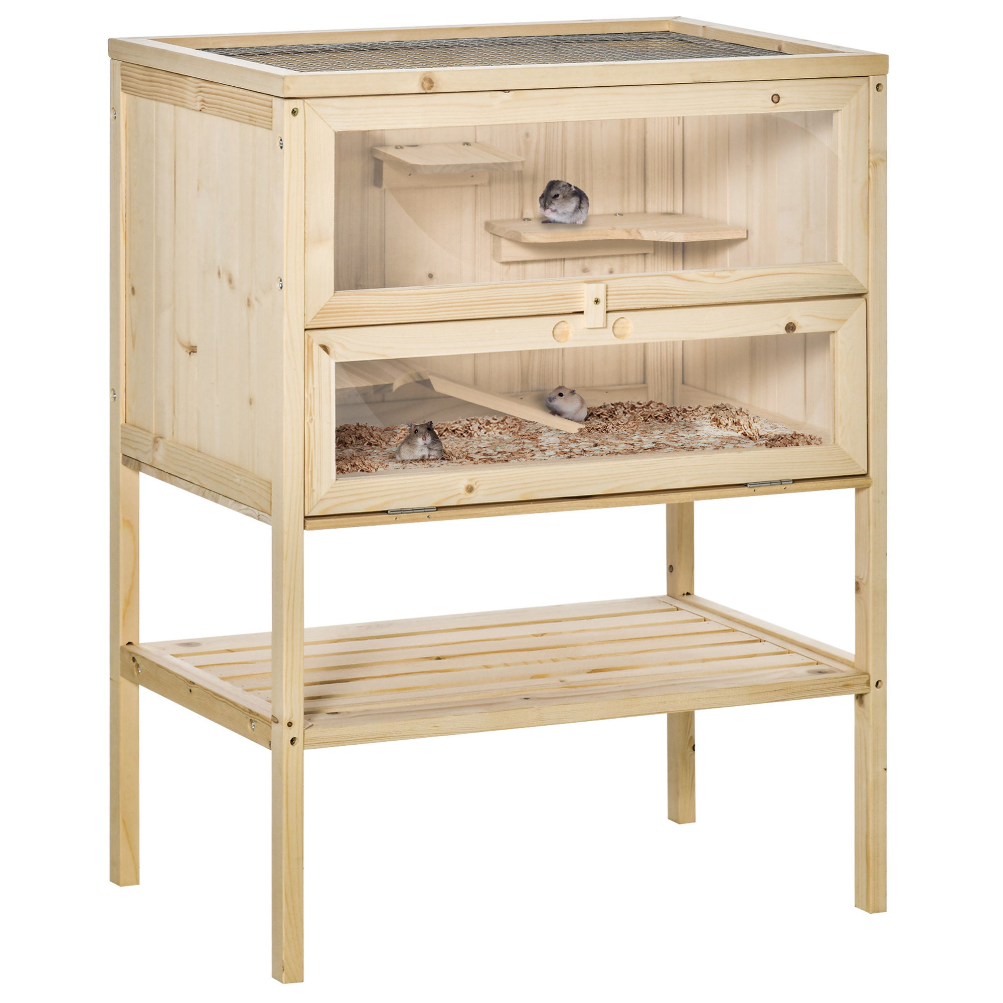 PawHut Wooden Hamster Cage with Storage Shelf, Small Animal Exercise Play House with Openable Top, for Hamsters, Gerbils, 60 x 40 x 80 cm - Natural 