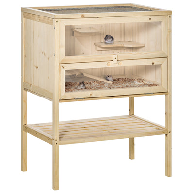 PawHut Wooden Hamster Cage with Storage Shelf, Small Animal Exercise Play House with Openable Top, for Hamsters, Gerbils, 60 x 40 x 80 cm - Natural 