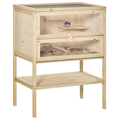 PawHut Wooden Hamster Cage with Storage Shelf, Small Animal Exercise Play House with Openable Top, for Hamsters, Gerbils, 60 x 40 x 80 cm - Natural 