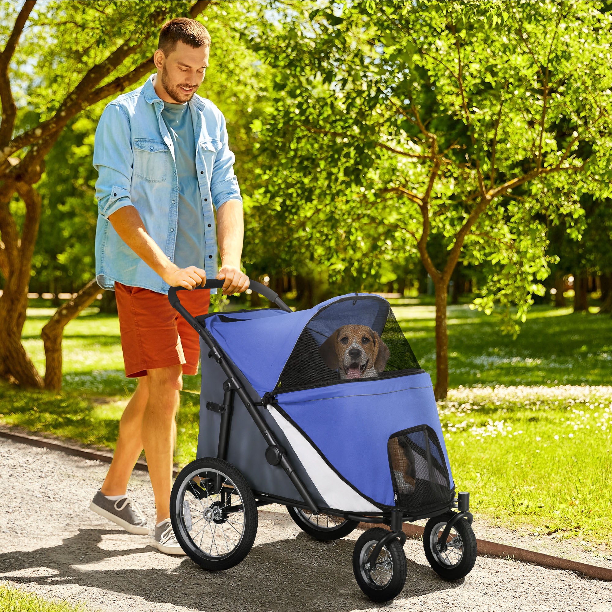 PawHut Foldable Pet Stroller, with Washable Cushion, Storage Bags, Safety Leash, for Medium, Large Dogs, Cats - Blue 