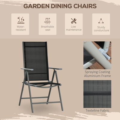 Outsunny 7 Piece Garden Dining Set, Outdoor Table and 6  Folding and Reclining Chairs, Aluminium Frame, Tempered Glass Top Table, Texteline Seats, Black 