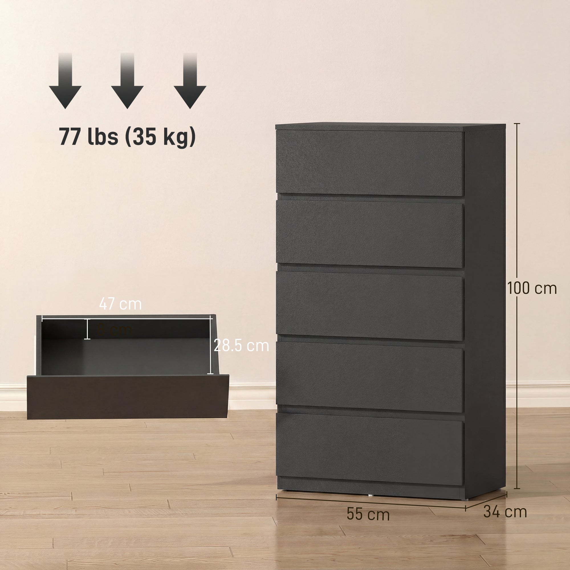 HOMCOM Chest of Drawers, 5-Drawer Storage Cabinets, Modern Dresser, Storage Drawer Unit for Bedroom 