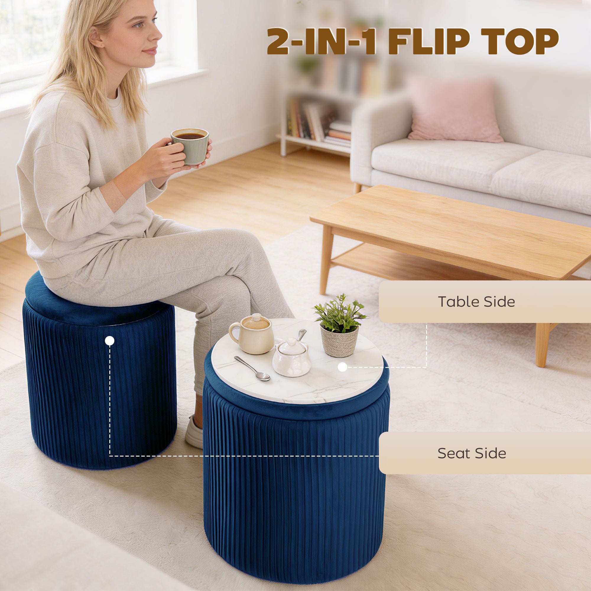 HOMCOM Storage Ottoman Modern Velvet Round Foot Stool for Living Room Bedroom 45 cm Blue 