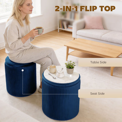 HOMCOM Storage Ottoman Modern Velvet Round Foot Stool for Living Room Bedroom 45 cm Blue 