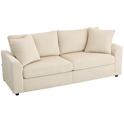 HOMCOM Modern 3 Seater Sofa with Spring Cushion, 212 cm Fabric Jumbo Cord Sofa Couch with 2 Scatter Cushions, Upholstered Corduroy Settee for Living Room, Bedroom, Home Office, Cream White 