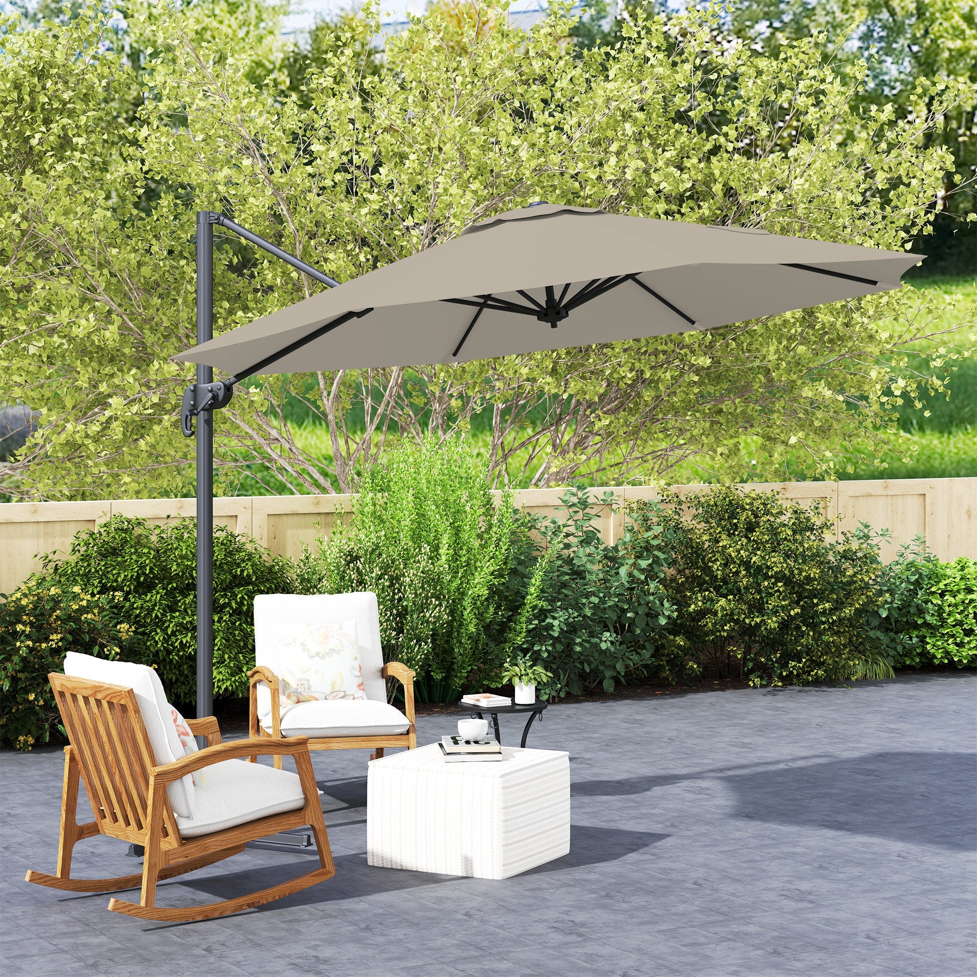 Outsunny 3 x 3(m) Cantilever Parasol with Cross Base, Garden Umbrella with 360° Rotation, Crank Handle and Tilt for Outdoor, Light Grey 