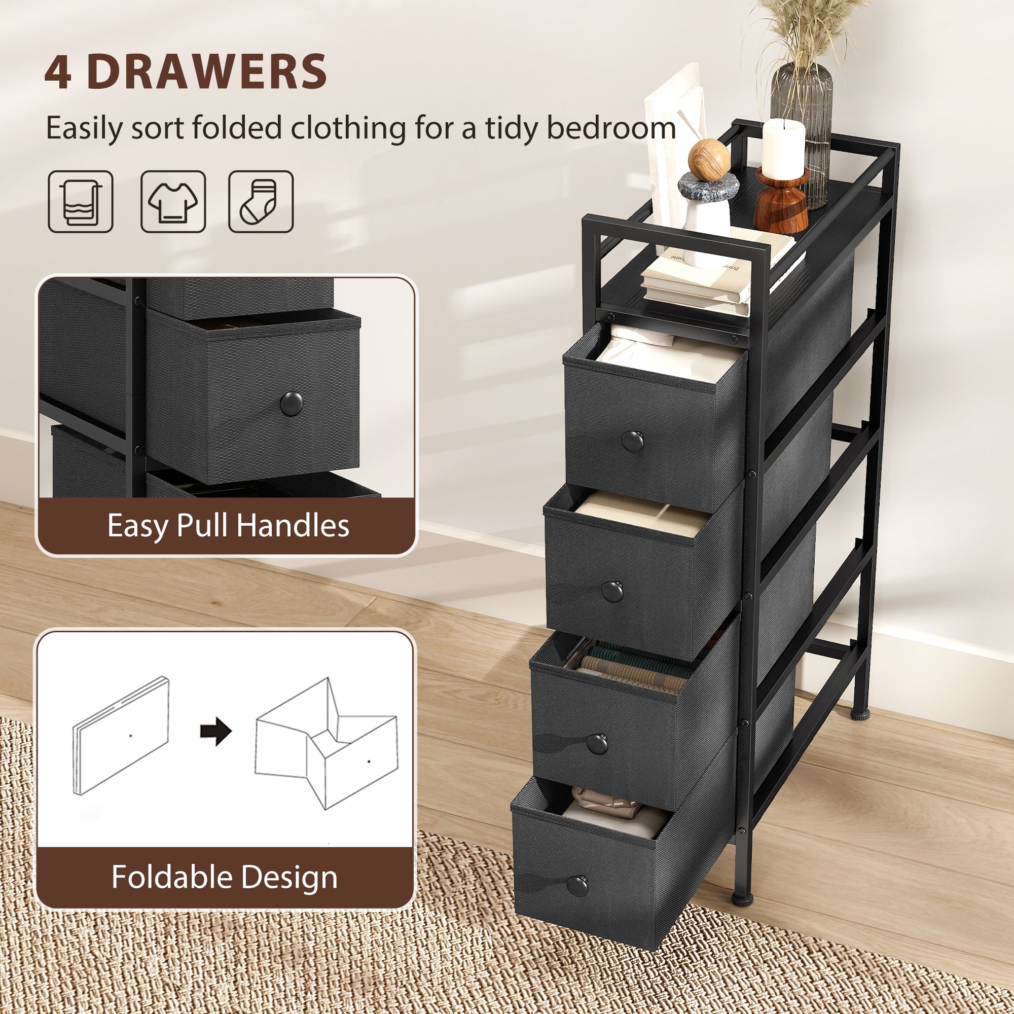 HOMCOM 4 Drawer Fabric Dresser Chest of Drawers, Slim Storage Cabinet with Steel Frame for Small Spaces, Bedroom, Black 