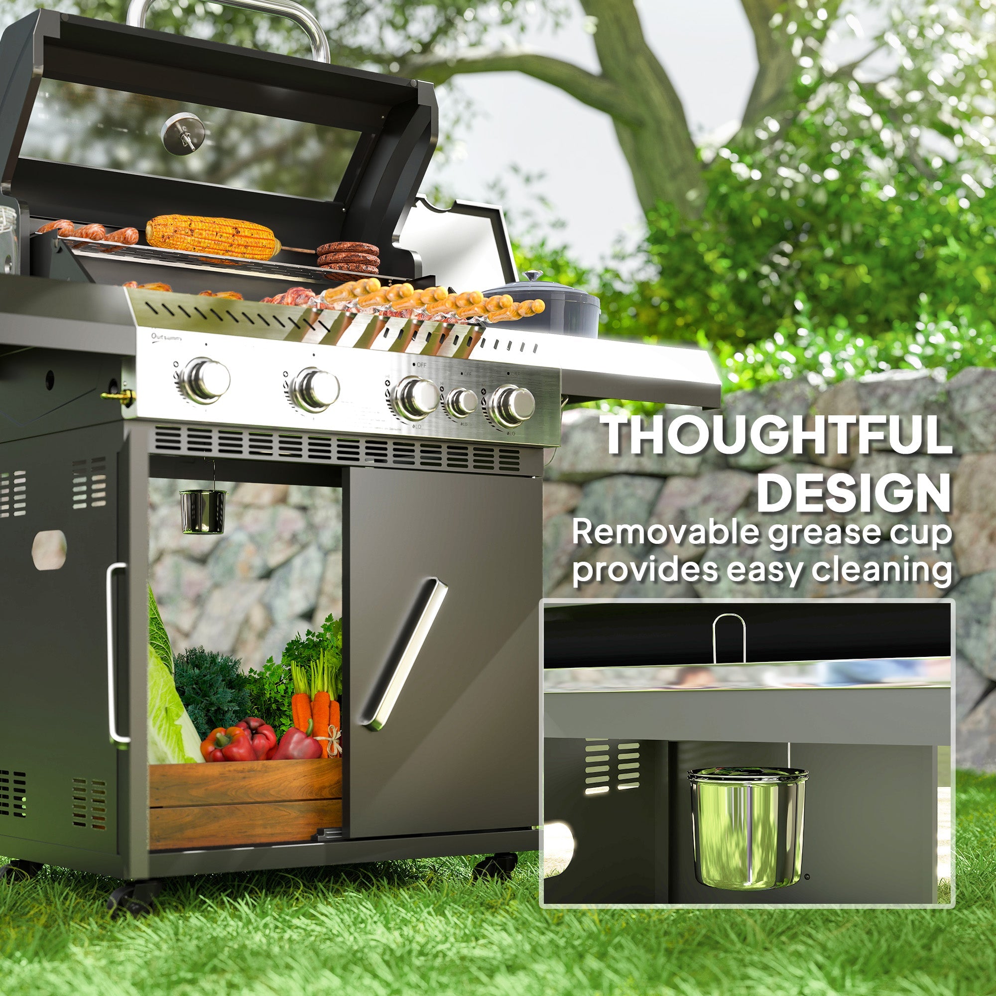 Outsunny 4+1 Burner Gas BBQ Grill with Clear View Lid, Portable Gas Barbecue Grill with Built-in Thermometer, Side Table, Cabinet, Wheels, Grease Tray for Garden Party Outdoor Cooking, Black 